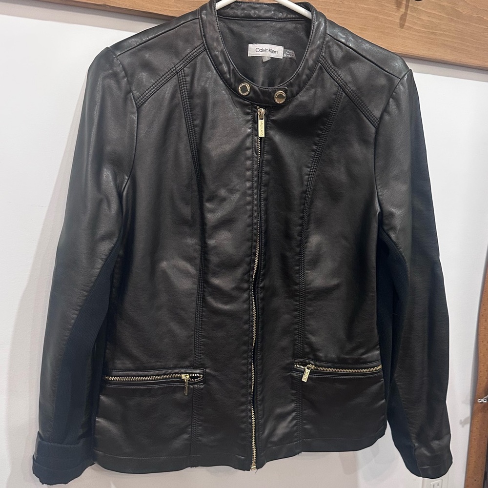 Calvin Klein faux leather jacket with gold accents